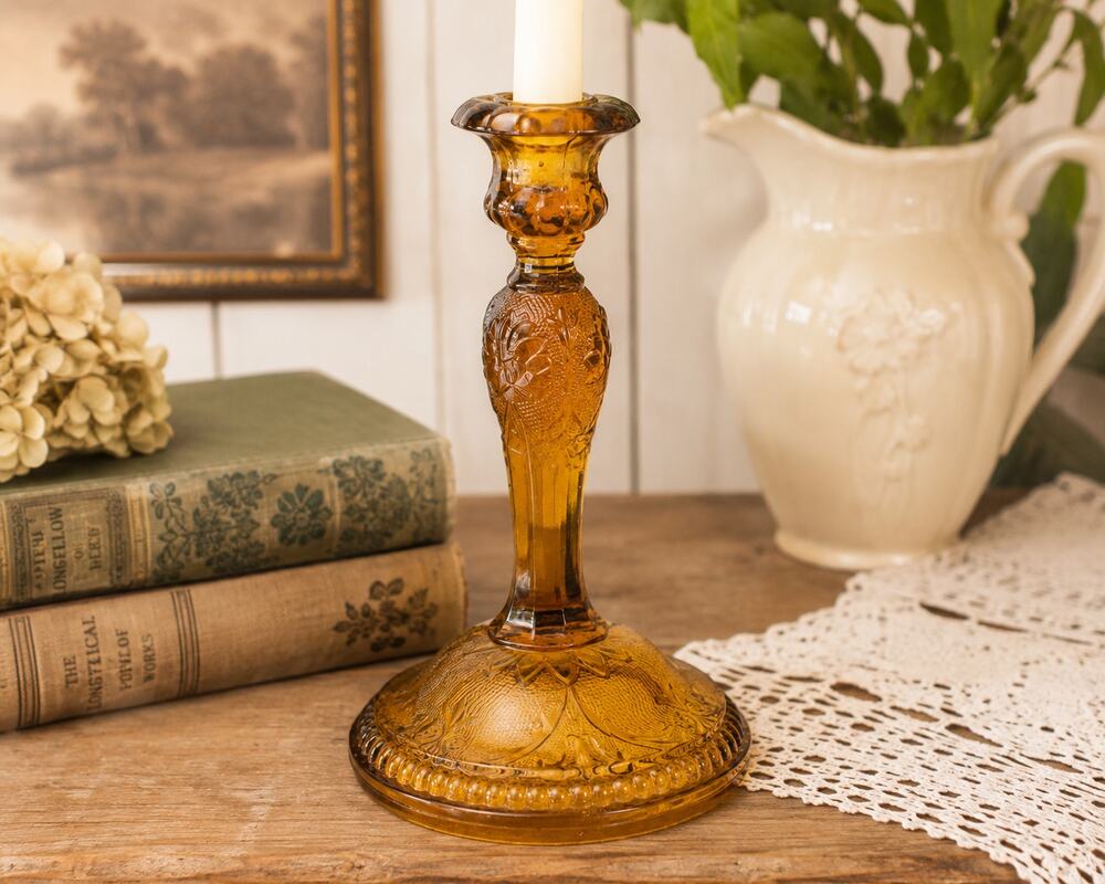 Vintage Tiara Indiana Glass Amber Sandwich Pattern Candlestick Holder